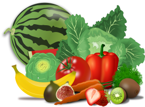Verschiedene Obst und Gemüse wioe Melone, Paprika oder Banane werden gezeigt