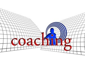 über dem Wort coachingin roter Schrift ist eine blaue Figur in einem Kreis abgebildet. Das Ganze wirkt dynamisch.