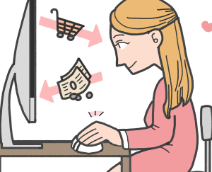 Das Bild zeigt eine Zeichnung. Eine junge Frau sitzt vor einem Bildschirm und tätigt Interneteinkäufe. Geldscheine und ein Einkaufswagen befinden sich im Blickfeld der Person.
