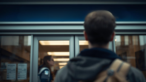 Das ist ein KI generiertes Bild, das einen jungen Menschen von hinten vor einem Gebäude zeigt.