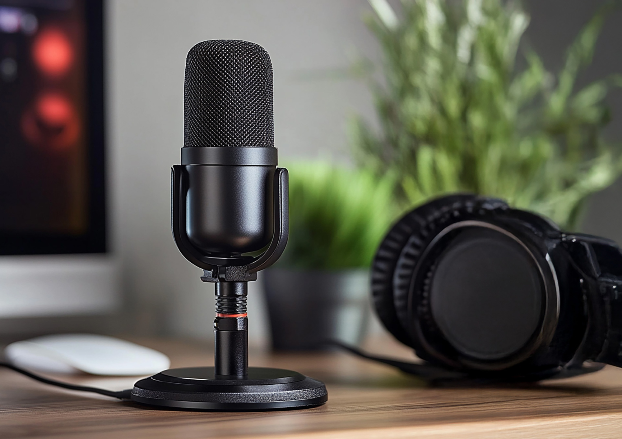 Ein schwarzes Standmikrofon steht auf einem Holztisch. Daneben liegen schwarze Kopfhörer. Im Hintergrund sieht man eine grüne Pflanze und den Rand eines Bildschirms.