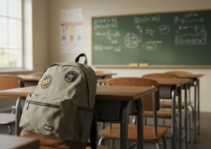Ein Klassenzimmer mit Tafel und leeren Bänken und Stühlen. Im Vordergrund sieht man einen Schulrucksack.