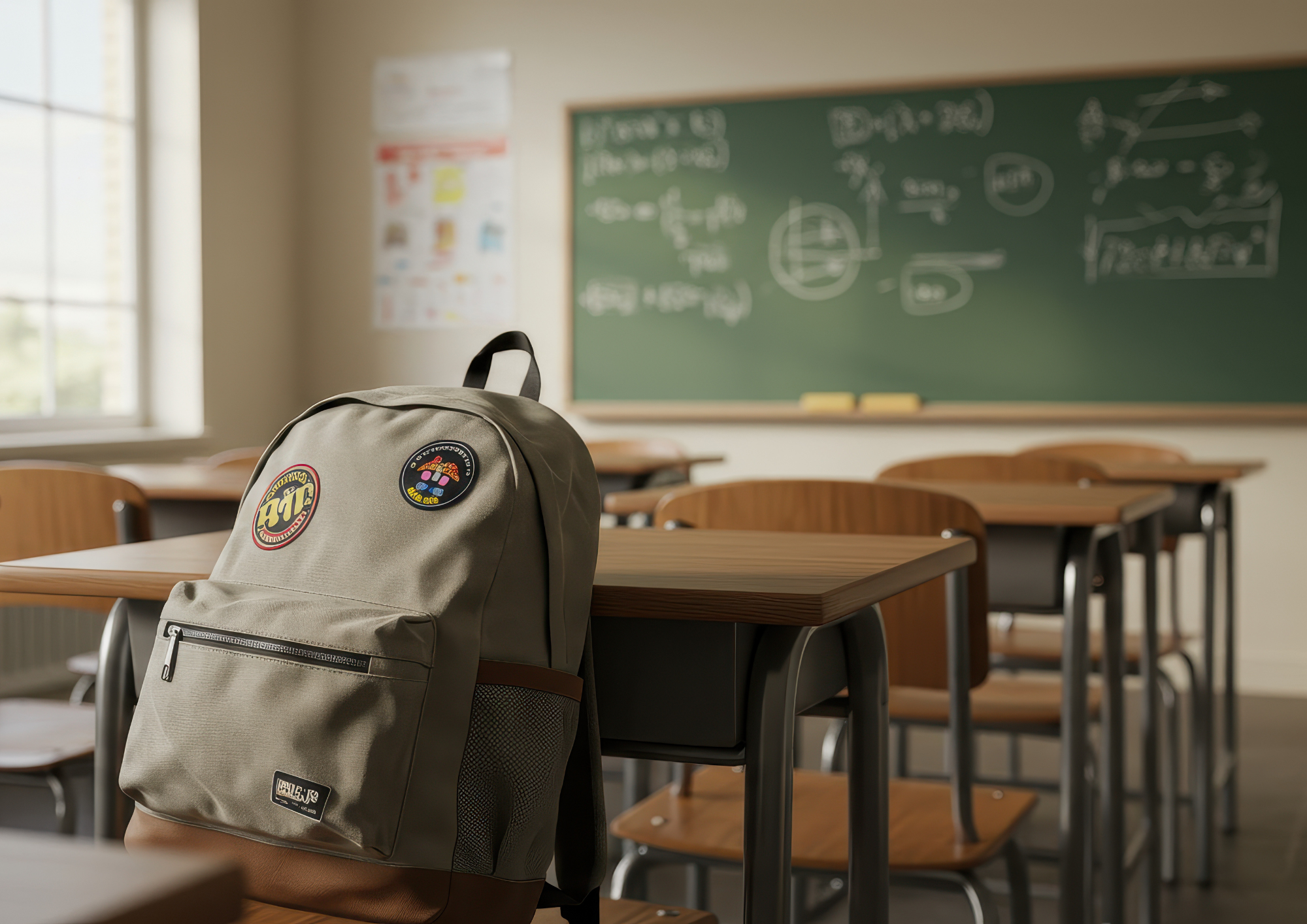 Ein Klassenzimmer mit Tafel und leeren Bänken und Stühlen. Im Vordergrund sieht man einen Schulrucksack.