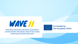 Das Logo der EU und des WAVE II Projekts auf blauem Hintergrund.